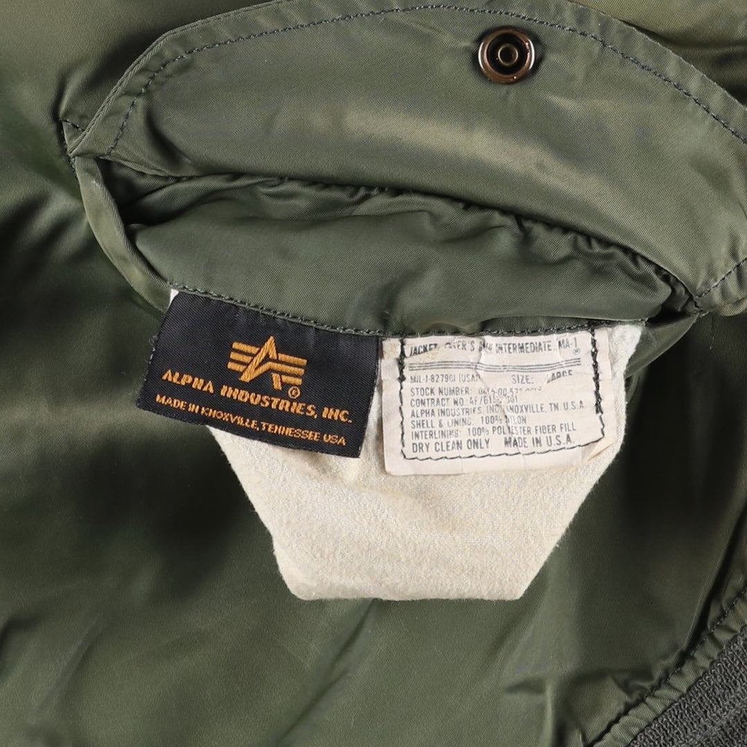 Civilian-made 1990'S Alpha Industries MA-1 type padded military flight jacket, made in the USA, men's size L equivalent, vintage. Nylon Khaki type Vintage Second Hand