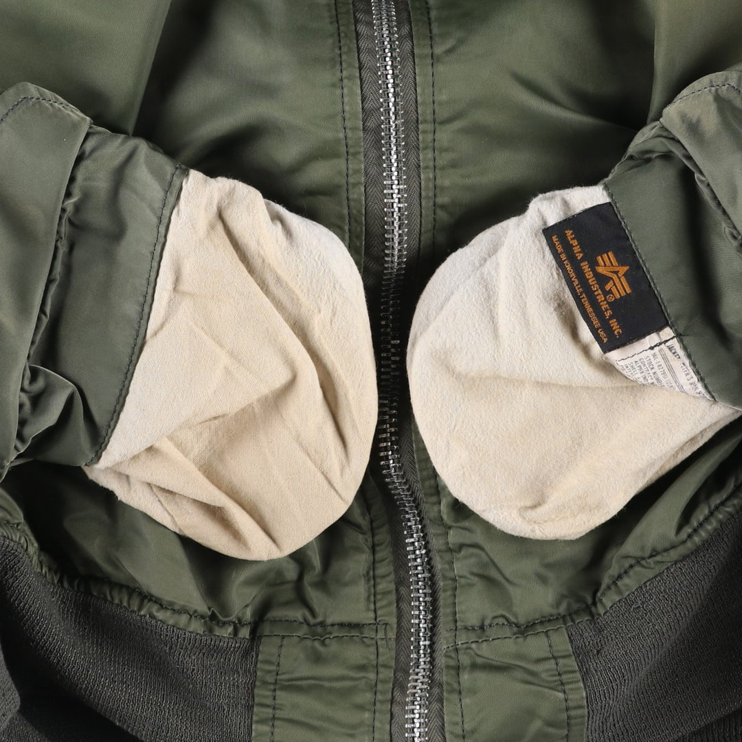 Civilian-made 1990'S Alpha Industries MA-1 type padded military flight jacket, made in the USA, men's size L equivalent, vintage. Nylon Khaki type Vintage Second Hand
