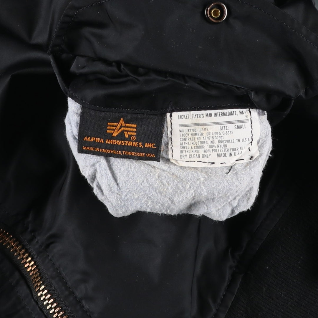 Civilian-made Alpha Industries MA-1 type padded military flight jacket, made in the USA, size SMALL (equivalent to men's S). Nylon black type Vintage Second Hand