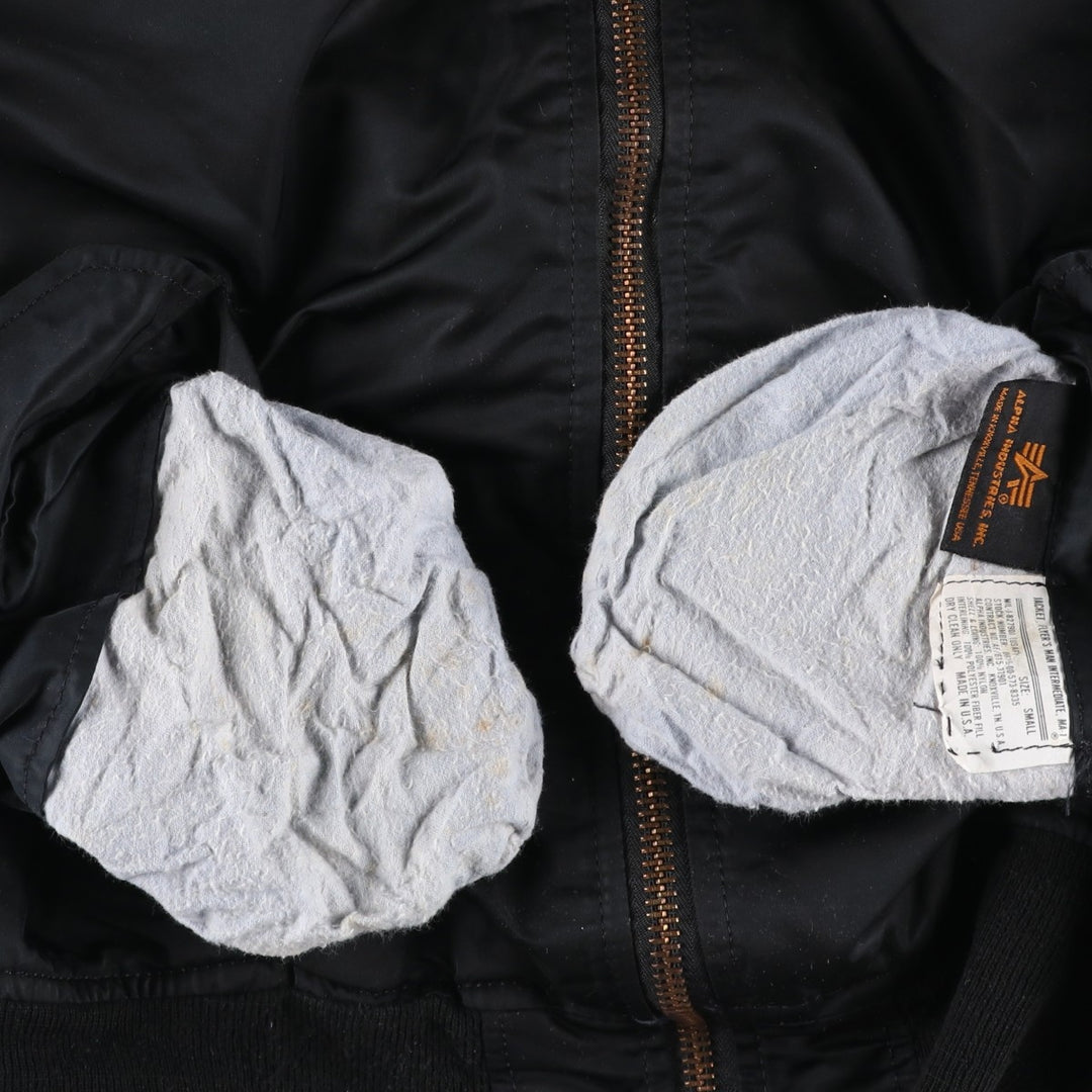 Civilian-made Alpha Industries MA-1 type padded military flight jacket, made in the USA, size SMALL (equivalent to men's S). Nylon black type Vintage Second Hand
