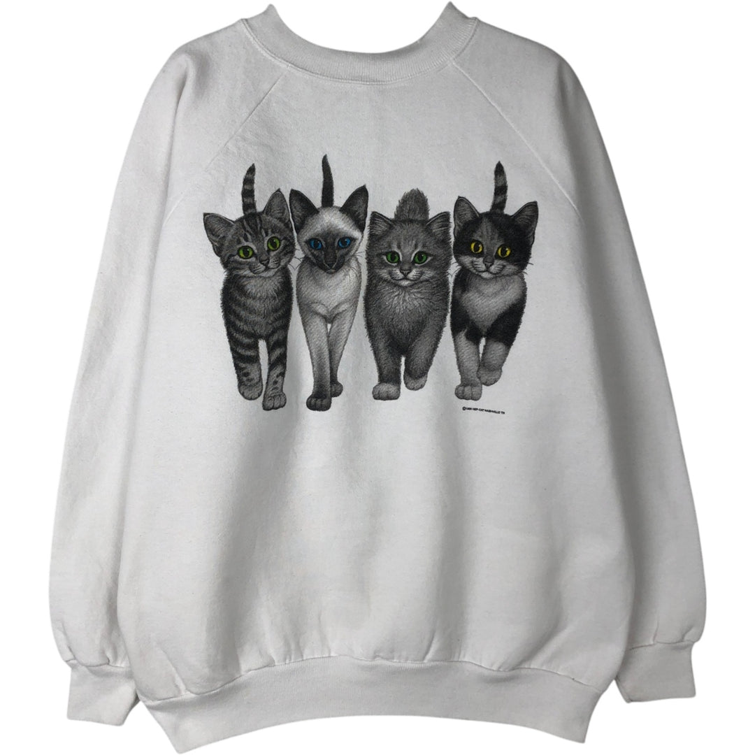 90'S Hanes ACTIVEWEAR Cat Pattern Animal Sweatshirt, Made in USA, Men's Size L (approx.), Vintage cotton white type Vintage Second Hand