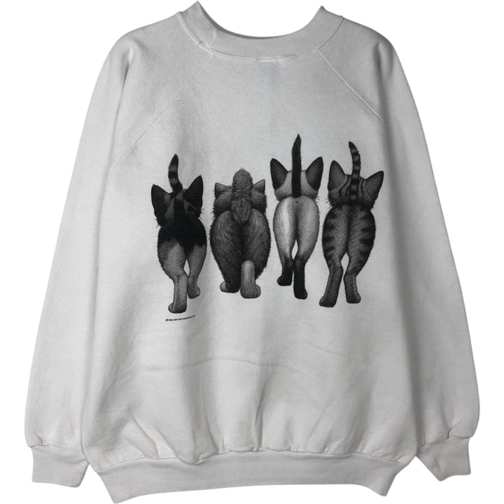 90'S Hanes ACTIVEWEAR Cat Pattern Animal Sweatshirt, Made in USA, Men's Size L (approx.), Vintage cotton white type Vintage Second Hand