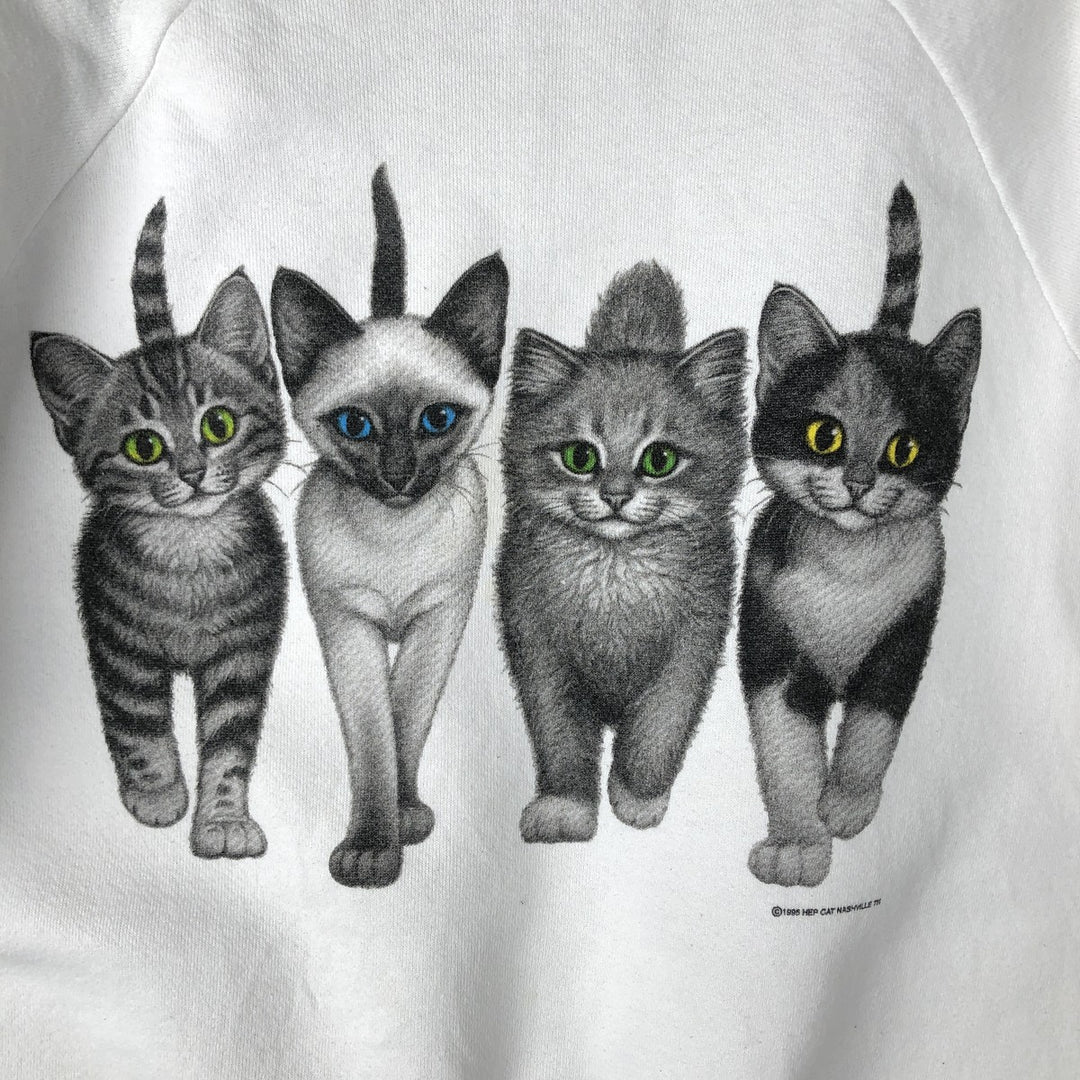 90'S Hanes ACTIVEWEAR Cat Pattern Animal Sweatshirt, Made in USA, Men's Size L (approx.), Vintage cotton white type Vintage Second Hand
