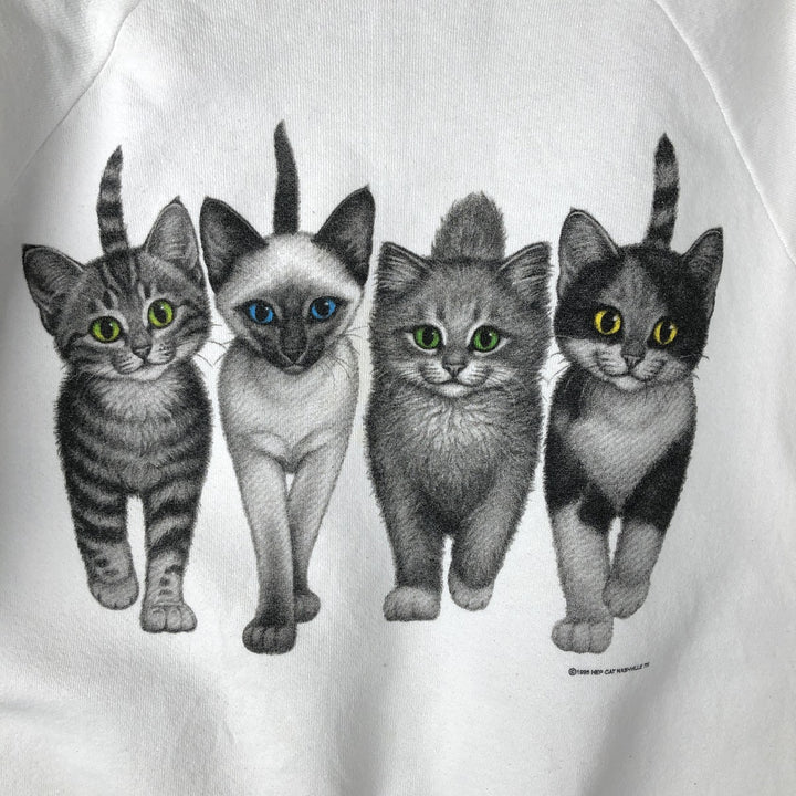 90'S Hanes ACTIVEWEAR Cat Pattern Animal Sweatshirt, Made in USA, Men's Size L (approx.), Vintage cotton white type Vintage Second Hand