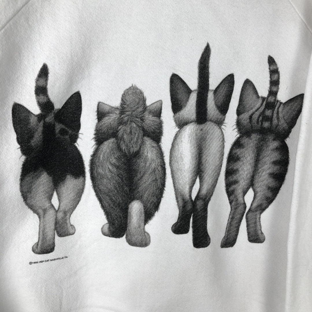 90'S Hanes ACTIVEWEAR Cat Pattern Animal Sweatshirt, Made in USA, Men's Size L (approx.), Vintage cotton white type Vintage Second Hand