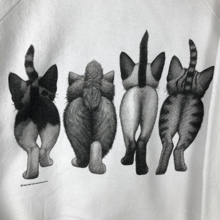 90'S Hanes ACTIVEWEAR Cat Pattern Animal Sweatshirt, Made in USA, Men's Size L (approx.), Vintage cotton white type Vintage Second Hand