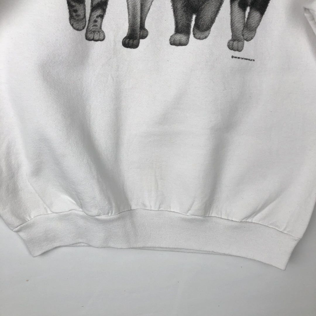 90'S Hanes ACTIVEWEAR Cat Pattern Animal Sweatshirt, Made in USA, Men's Size L (approx.), Vintage cotton white type Vintage Second Hand