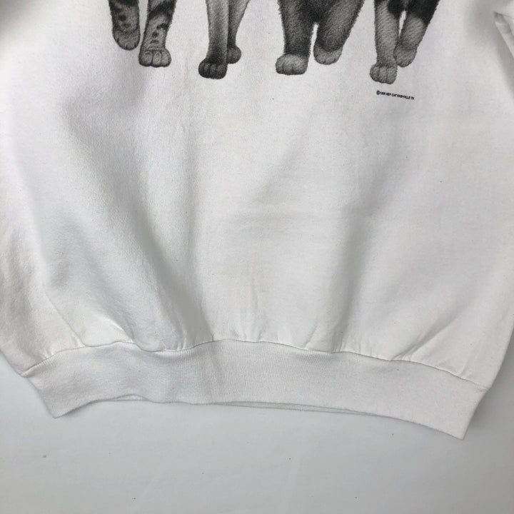 90'S Hanes ACTIVEWEAR Cat Pattern Animal Sweatshirt, Made in USA, Men's Size L (approx.), Vintage cotton white type Vintage Second Hand