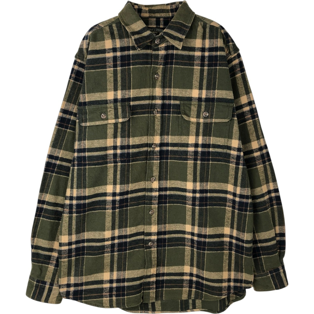 90'S Field & Stream Long-Sleeve Heavy Flannel Check Shirt, Men's Size L (Equivalent), Regular Collar, Vintage cotton Khaki type Vintage Second Hand