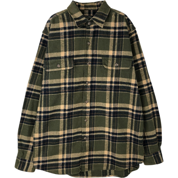 90'S Field & Stream Long-Sleeve Heavy Flannel Check Shirt, Men's Size L (Equivalent), Regular Collar, Vintage cotton Khaki type Vintage Second Hand