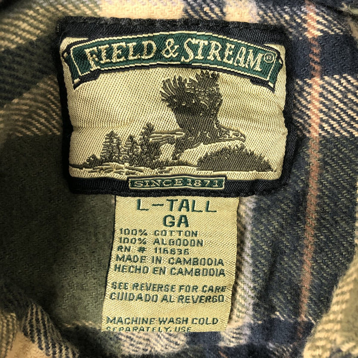 90'S Field & Stream Long-Sleeve Heavy Flannel Check Shirt, Men's Size L (Equivalent), Regular Collar, Vintage cotton Khaki type Vintage Second Hand