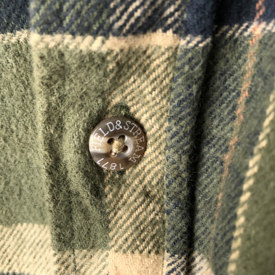 90'S Field & Stream Long-Sleeve Heavy Flannel Check Shirt, Men's Size L (Equivalent), Regular Collar, Vintage cotton Khaki type Vintage Second Hand