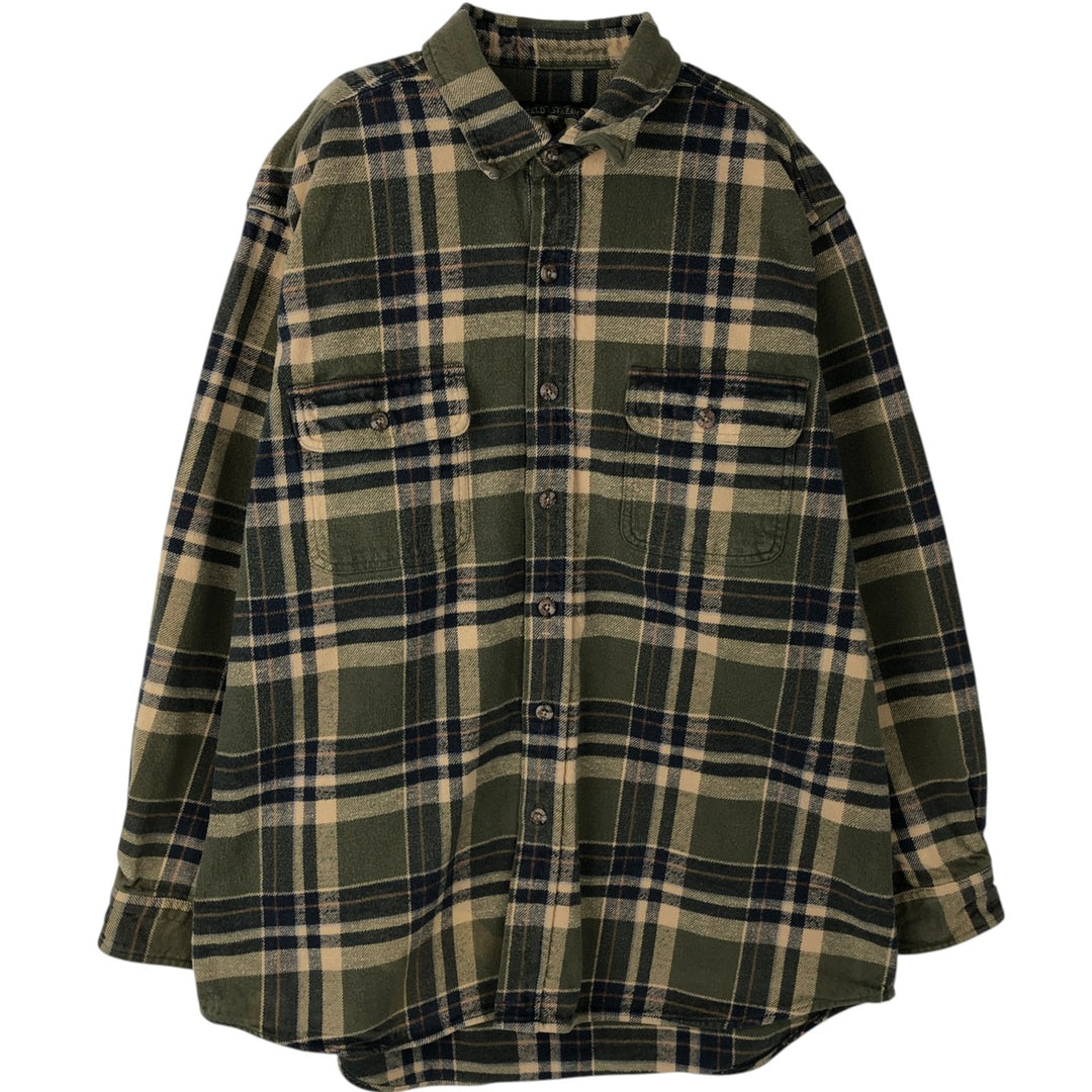 90'S FIELD and STREAM Long-Sleeve Heavy Flannel Check Shirt, Men's Size XL (Equivalent), Vintage cotton Khaki type Vintage Second Hand