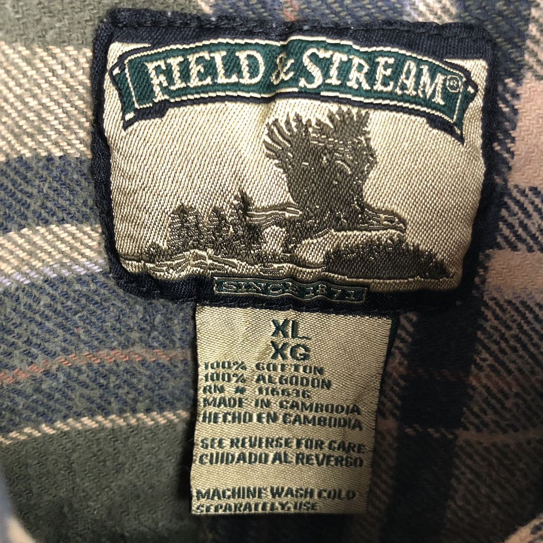 90'S FIELD and STREAM Long-Sleeve Heavy Flannel Check Shirt, Men's Size XL (Equivalent), Vintage cotton Khaki type Vintage Second Hand