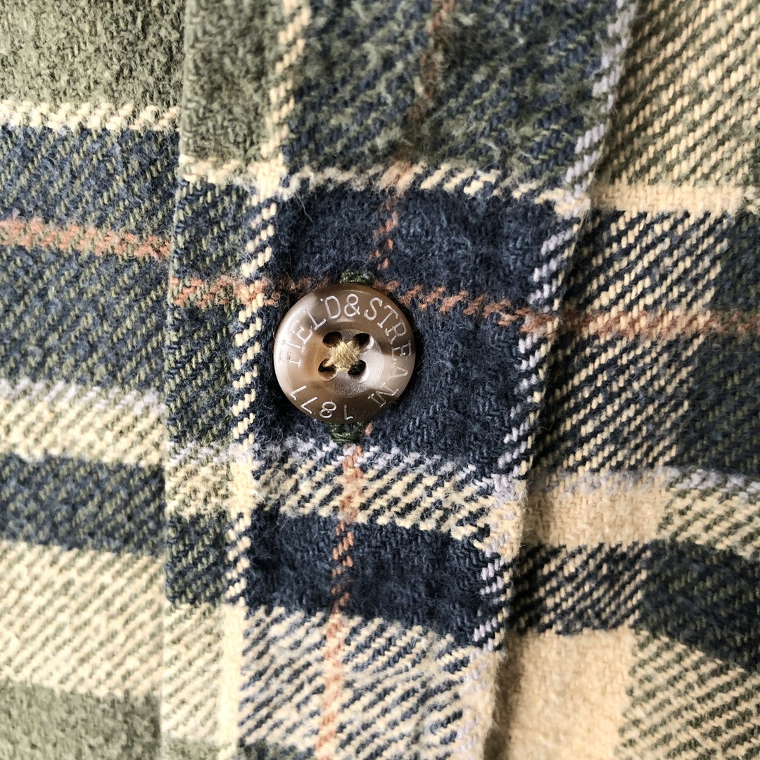 90'S FIELD and STREAM Long-Sleeve Heavy Flannel Check Shirt, Men's Size XL (Equivalent), Vintage cotton Khaki type Vintage Second Hand