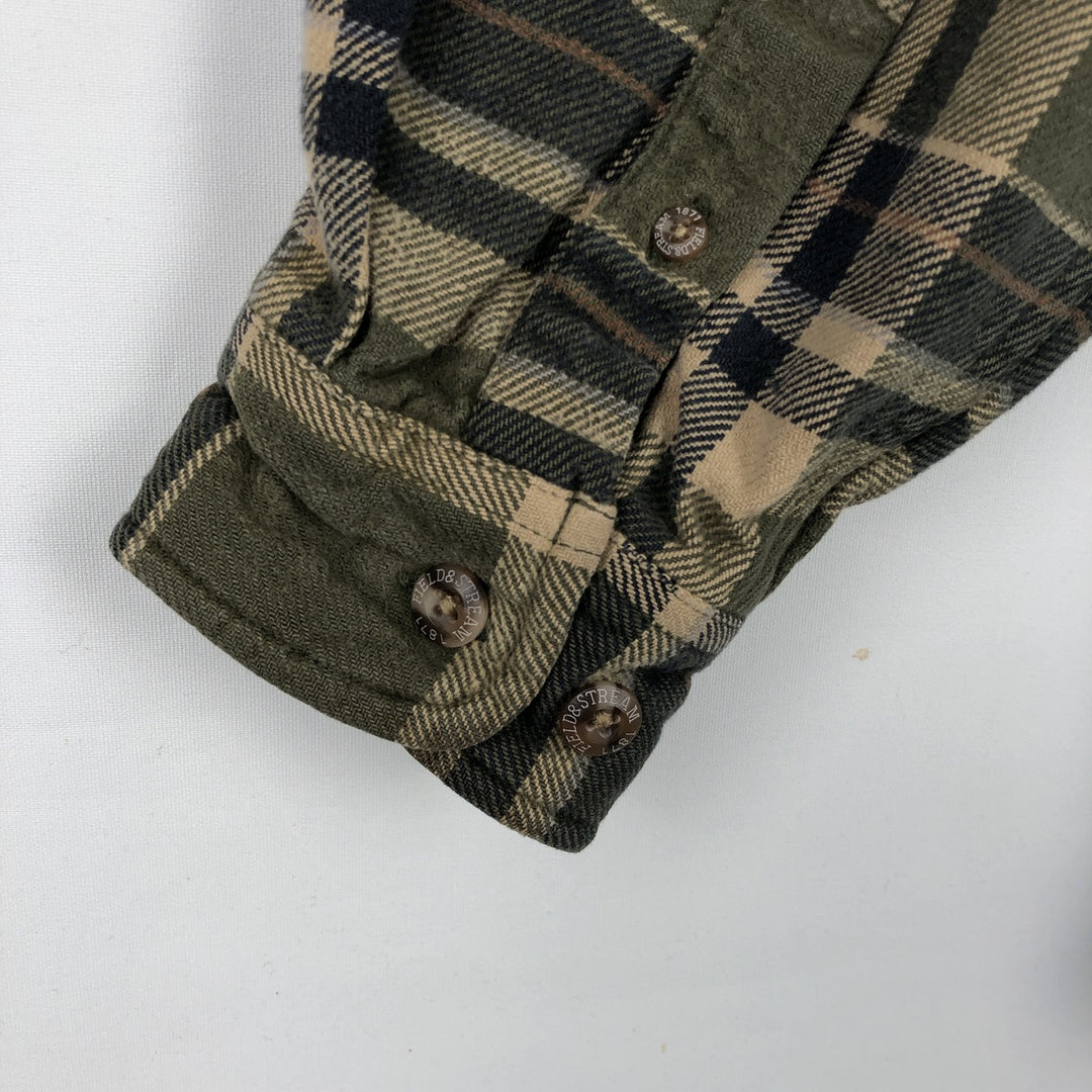 90'S FIELD and STREAM Long-Sleeve Heavy Flannel Check Shirt, Men's Size XL (Equivalent), Vintage cotton Khaki type Vintage Second Hand