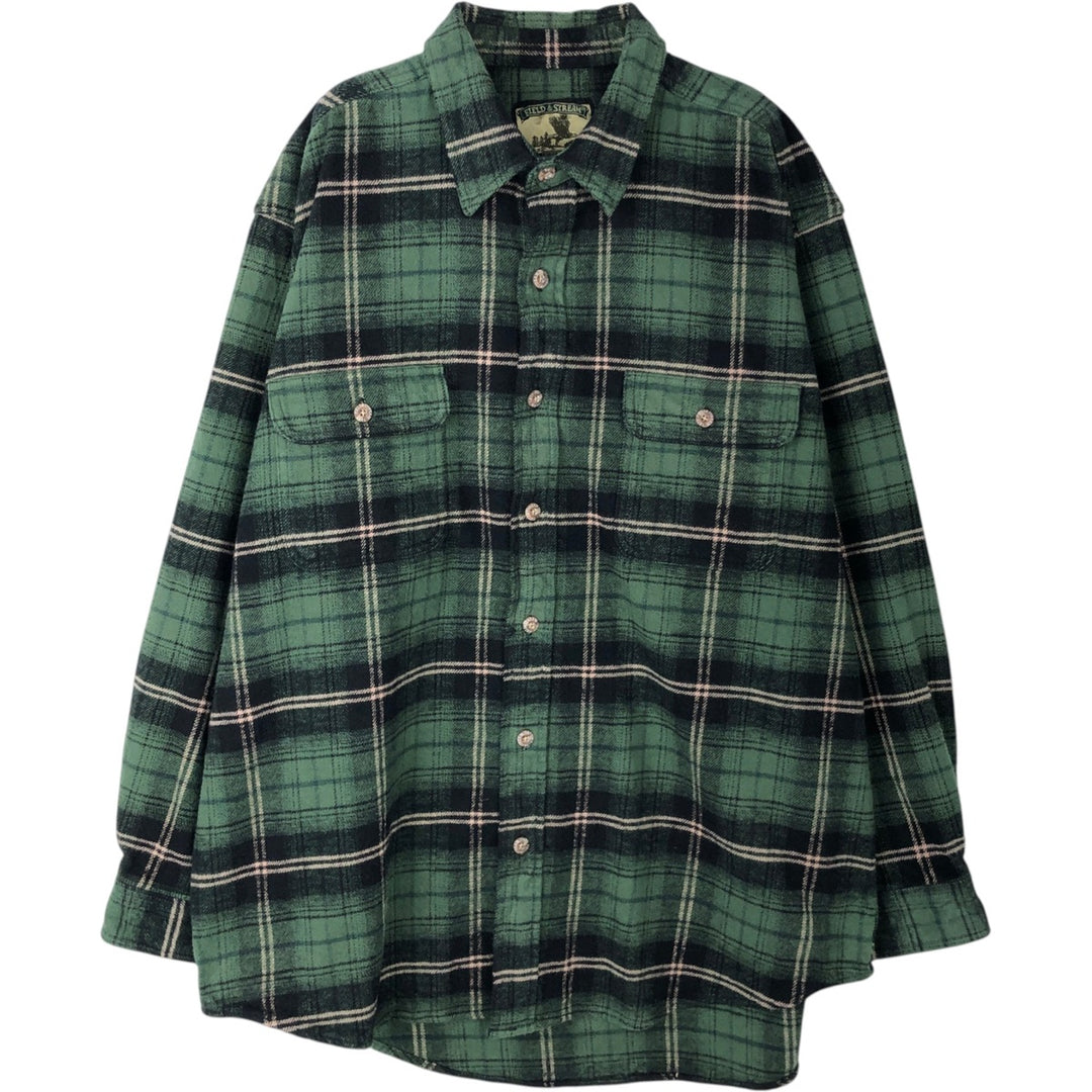 90'S FIELD and STREAM Long-Sleeve Heavy Flannel Check Shirt, Men's Size XL (Equivalent), Vintage cotton Green type dark green Vintage Second Hand