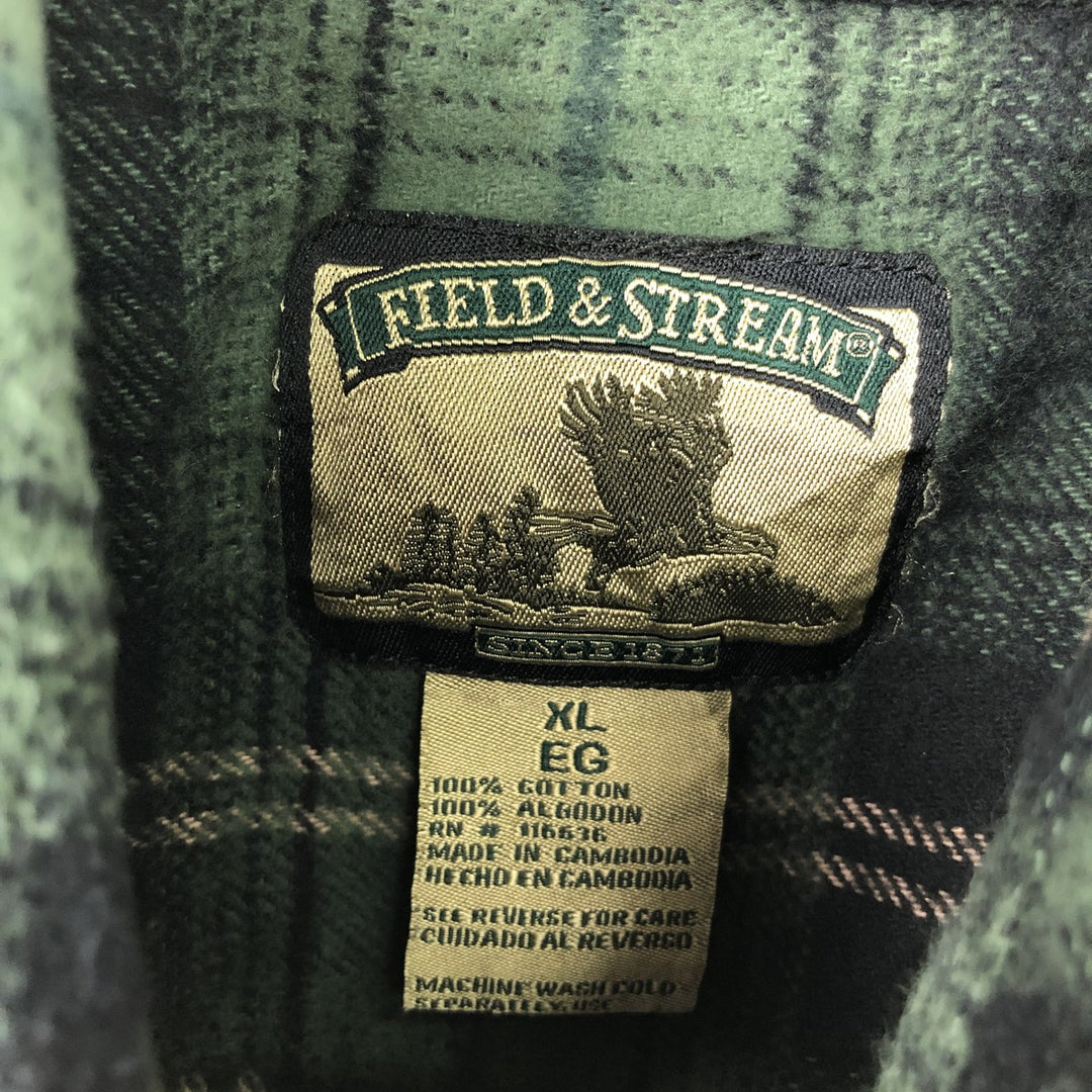 90'S FIELD and STREAM Long-Sleeve Heavy Flannel Check Shirt, Men's Size XL (Equivalent), Vintage cotton Green type dark green Vintage Second Hand