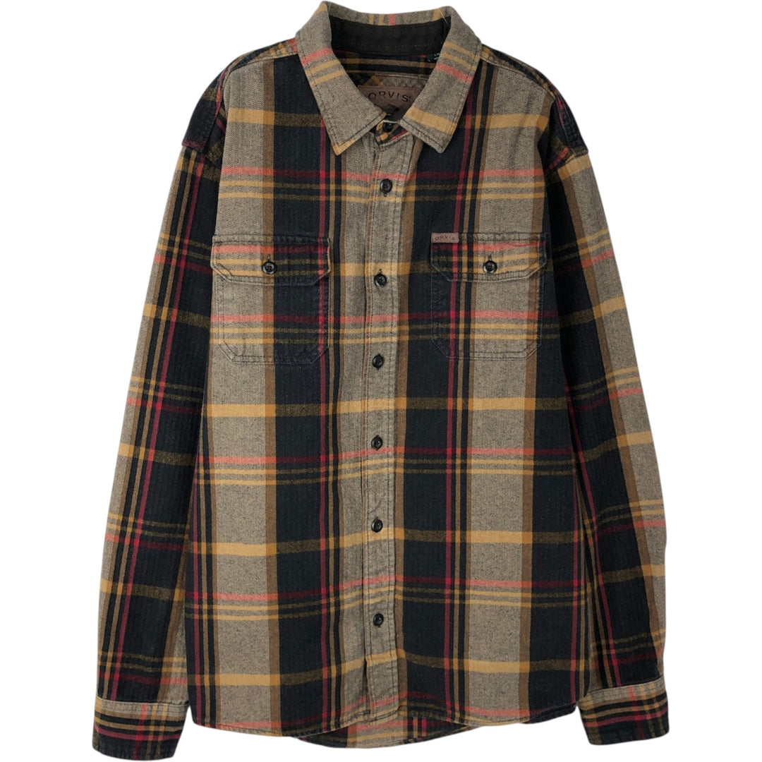 ORVIS Long Sleeve Heavy Flannel Check Shirt, Men's Size L cotton Khaki type brown Vintage Second Hand