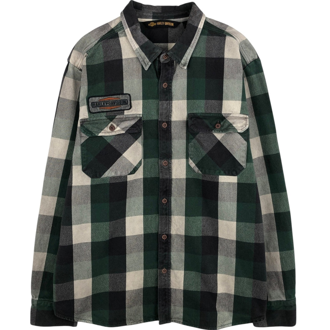 Harley-Davidson Hidden Button-Down Long Sleeve Flannel Check Shirt, Men's Size XL cotton black type Vintage Second Hand