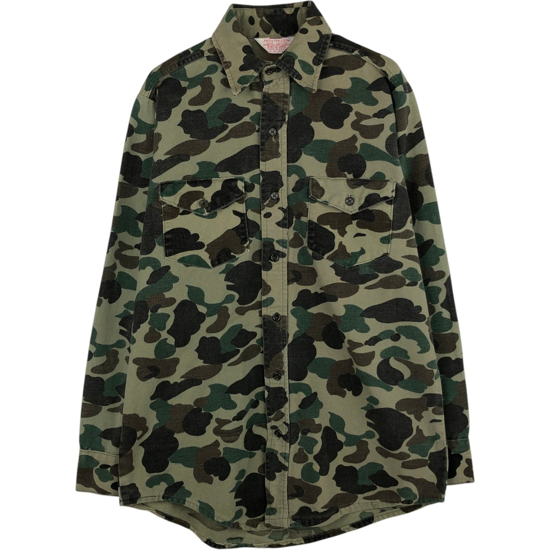 70s-era Frostproof Duck Hunter Camo Long-Sleeve Printed Flannel Shirt, Made in USA, Men's Size M (approx.), Vintage cotton Khaki type Vintage Second Hand