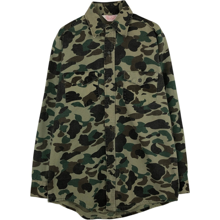 70s-era Frostproof Duck Hunter Camo Long-Sleeve Printed Flannel Shirt, Made in USA, Men's Size M (approx.), Vintage cotton Khaki type Vintage Second Hand