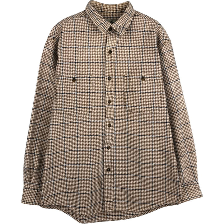 Eddie Bauer Houndstooth Pattern Long-Sleeve Flannel Check Shirt, Men's Size M (approx.) cotton Beige type Vintage Second Hand