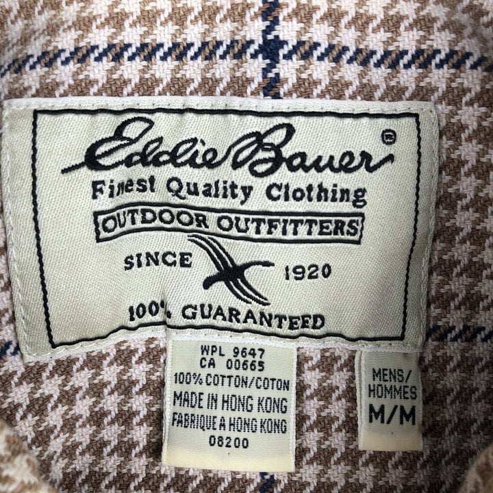 Eddie Bauer Houndstooth Pattern Long-Sleeve Flannel Check Shirt, Men's Size M (approx.) cotton Beige type Vintage Second Hand