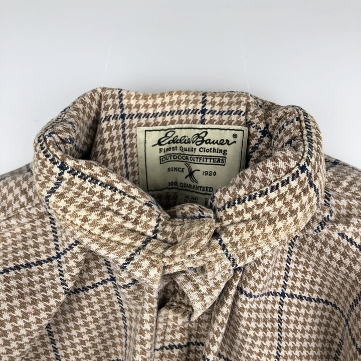 Eddie Bauer Houndstooth Pattern Long-Sleeve Flannel Check Shirt, Men's Size M (approx.) cotton Beige type Vintage Second Hand