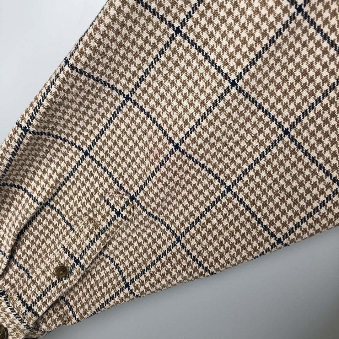 Eddie Bauer Houndstooth Pattern Long-Sleeve Flannel Check Shirt, Men's Size M (approx.) cotton Beige type Vintage Second Hand
