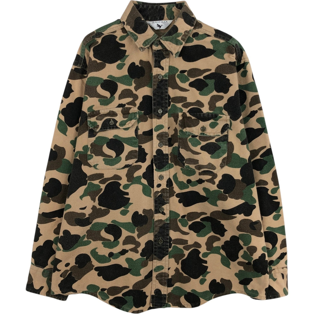 80'S BLACK DUCK Duck Hunter Camo Long-Sleeve Printed Flannel Shirt, Made in USA, Men's XL Equivalent, Vintage cotton Beige type Vintage Second Hand