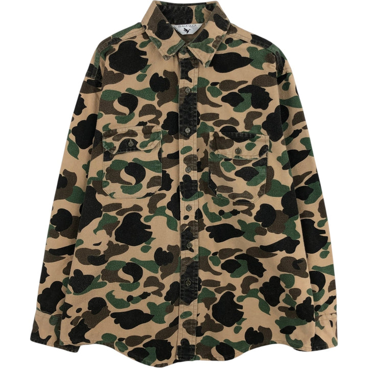 80'S BLACK DUCK Duck Hunter Camo Long-Sleeve Printed Flannel Shirt, Made in USA, Men's XL Equivalent, Vintage cotton Beige type Vintage Second Hand