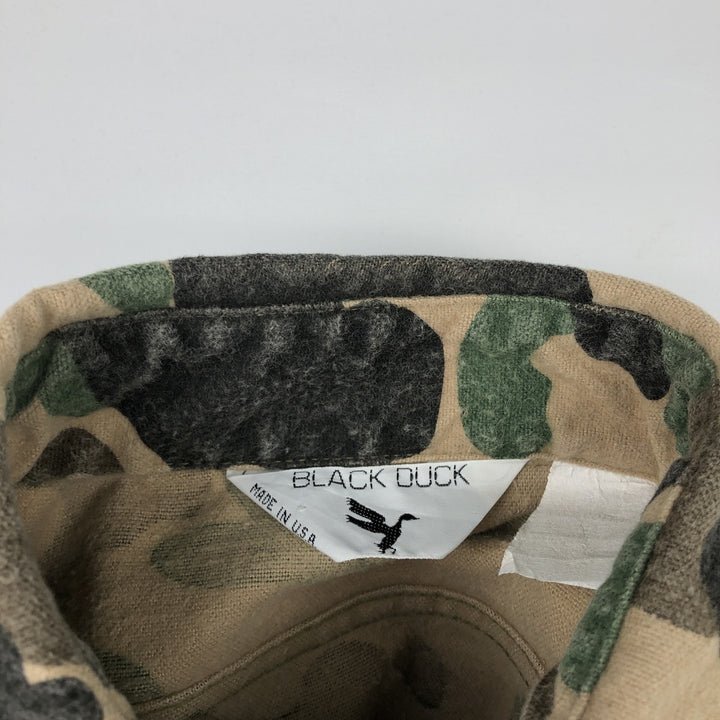 80'S BLACK DUCK Duck Hunter Camo Long-Sleeve Printed Flannel Shirt, Made in USA, Men's XL Equivalent, Vintage cotton Beige type Vintage Second Hand