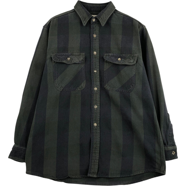 90'S Field Master Stripe Pattern Long-Sleeve Flannel Shirt, Men's Size L (Equivalent), Vintage cotton Khaki type Vintage Second Hand