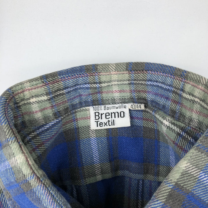 Bremo Textil Long-Sleeve Light Flannel Check Shirt, Men's Size L (approx.) cotton blue type Vintage Second Hand