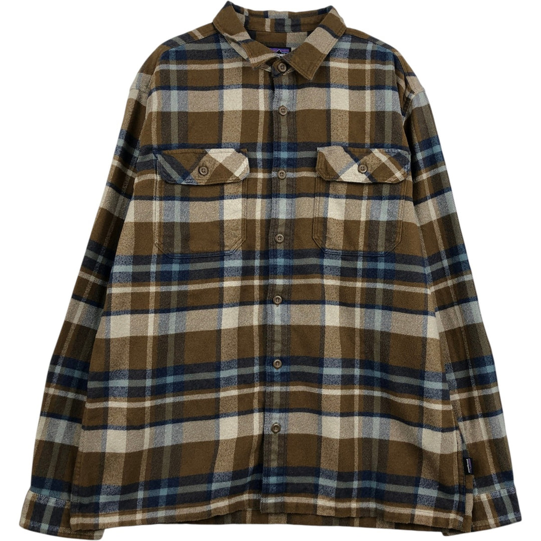 Patagonia ORGANIC COTTON 53947FA18 Long-Sleeve Light Flannel Check Shirt, Boxy Shirt, Men's Size L (approx.) Organic cotton brown type Vintage Second Hand