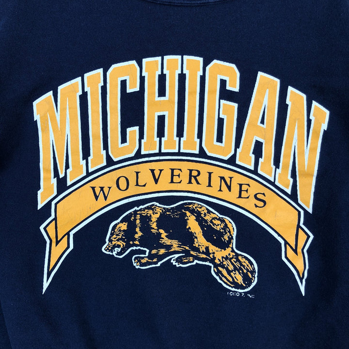 80s-90'S LOGO 7 INC University of Michigan College Character Sweatshirt, Made in USA, Men's Size M (approx.), Vintage cotton navy blue type Vintage Second Hand