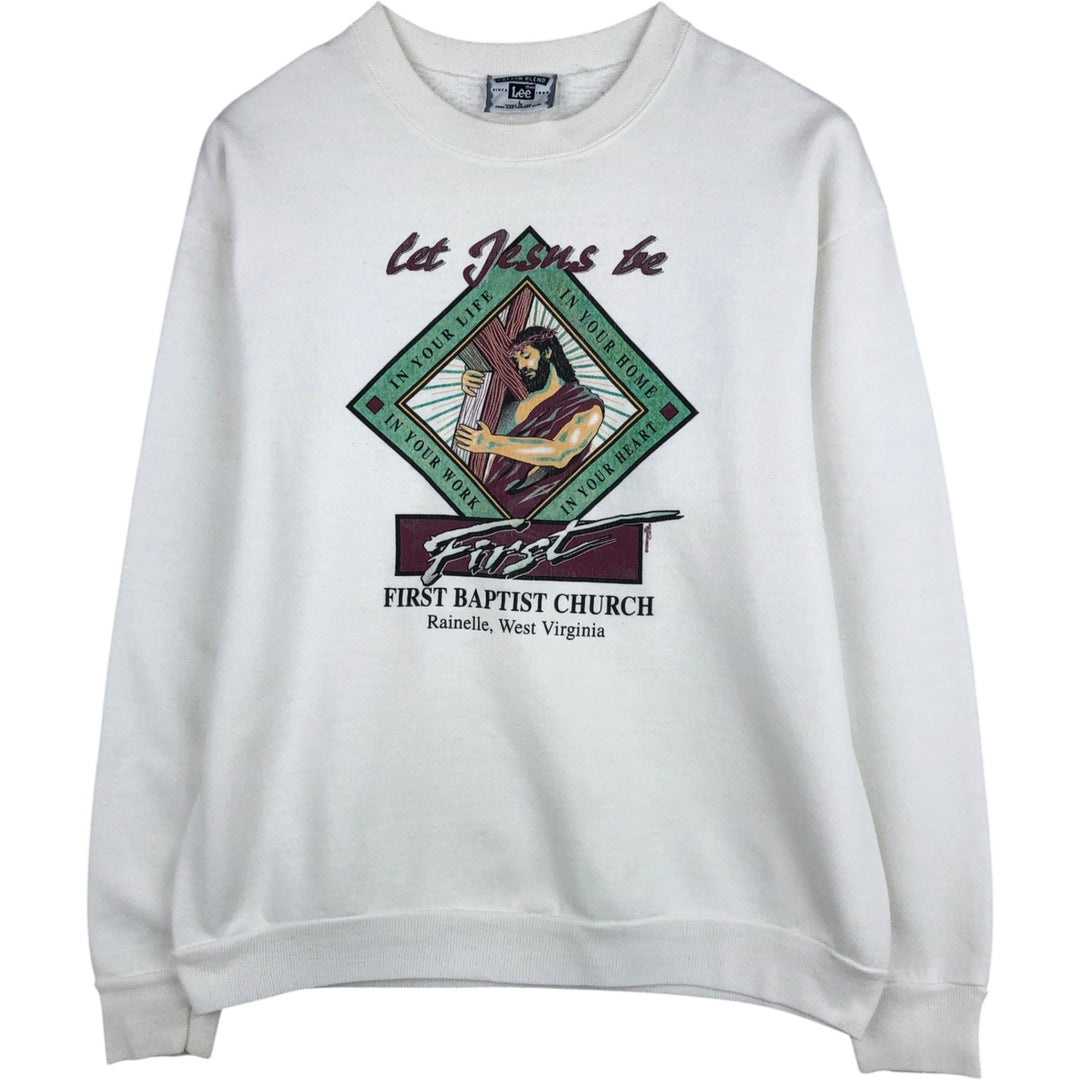 90'S Lee Cotton Blend Jesus Christ Print Sweatshirt, Made in USA, Men's Size L (approx.) cotton white type Vintage Second Hand