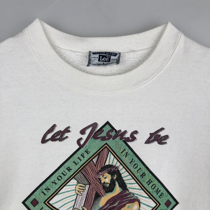 90'S Lee Cotton Blend Jesus Christ Print Sweatshirt, Made in USA, Men's Size L (approx.) cotton white type Vintage Second Hand