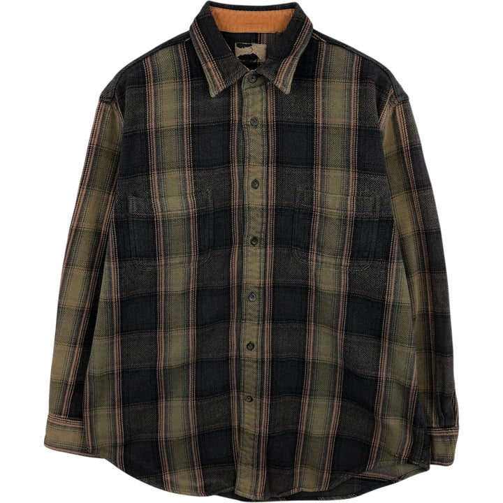Long-sleeved heavy flannel check shirt, men's size L equivalent. cotton Khaki type Vintage Second Hand