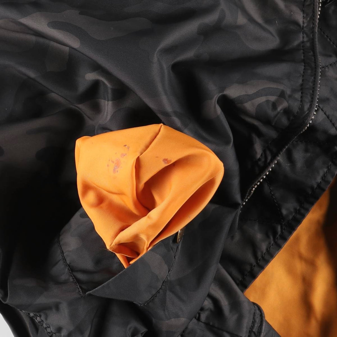 Civilian-made Alpha Industries MA-1 type camouflage pattern military flight jacket, men's size L equivalent. Nylon black type Vintage Second Hand
