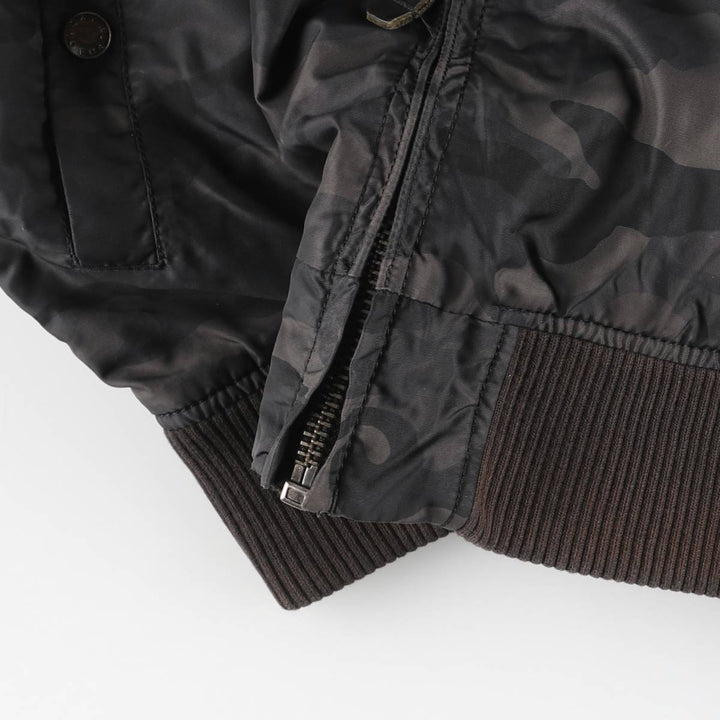 Civilian-made Alpha Industries MA-1 type camouflage pattern military flight jacket, men's size L equivalent. Nylon black type Vintage Second Hand