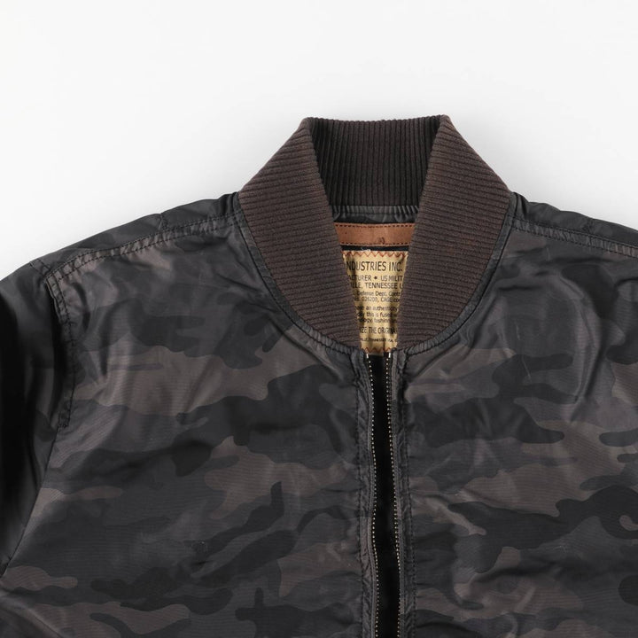Civilian-made Alpha Industries MA-1 type camouflage pattern military flight jacket, men's size L equivalent. Nylon black type Vintage Second Hand