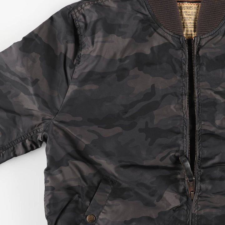 Civilian-made Alpha Industries MA-1 type camouflage pattern military flight jacket, men's size L equivalent. Nylon black type Vintage Second Hand
