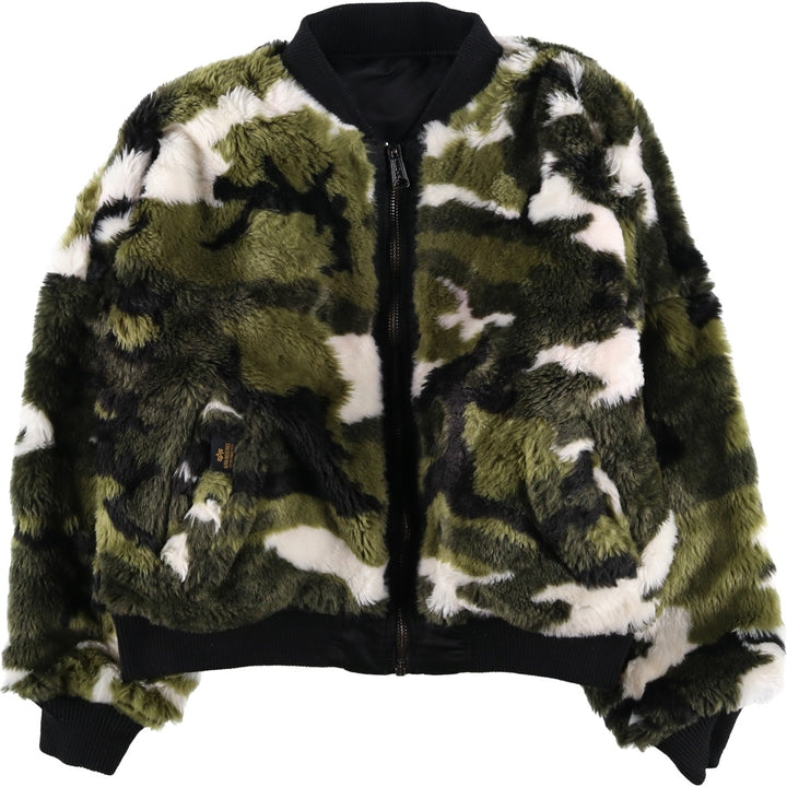 Civilian-made Alpha Industries MA-1 type camouflage pattern reversible military flight jacket with boa lining, men's size M equivalent. Nylon black type Vintage Second Hand