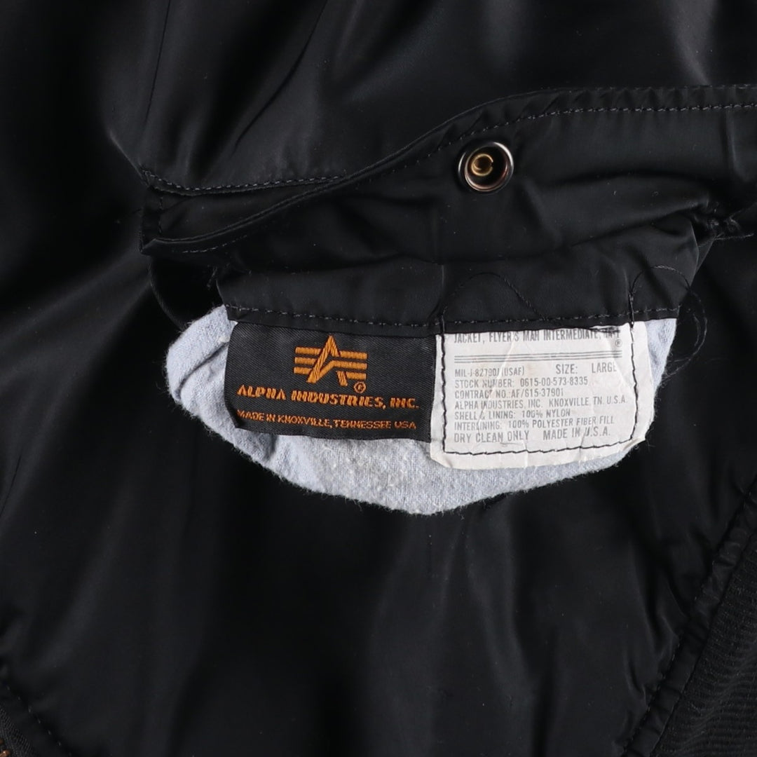 90'S civilian Alpha MA-1 style padded military flight jacket, made in the USA, men's size L, vintage Nylon black type Vintage Second Hand