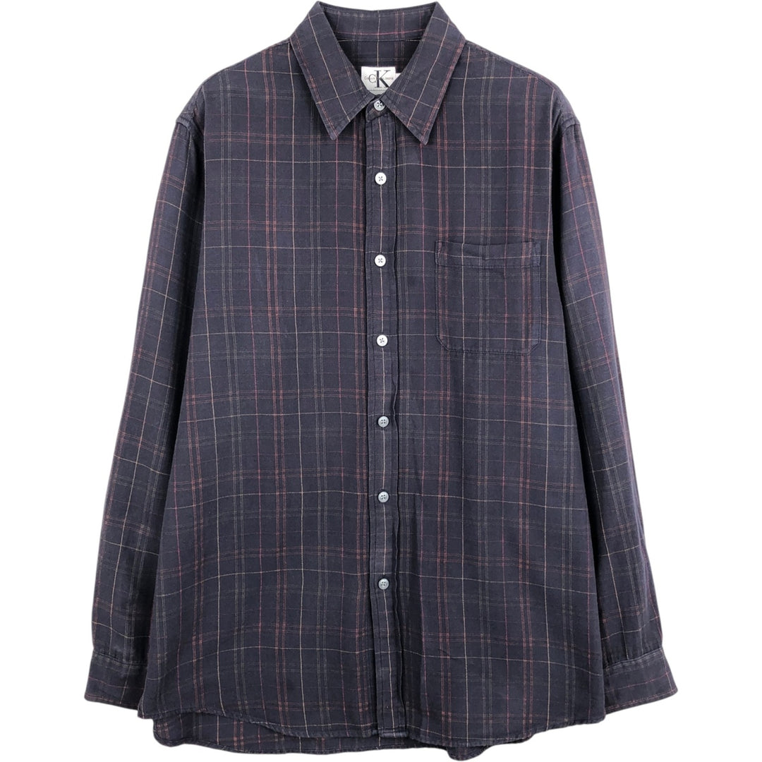 90s-00'S Calvin Klein long-sleeved cotton check shirt, men's size M equivalent, vintage. cotton navy blue type Vintage Second Hand