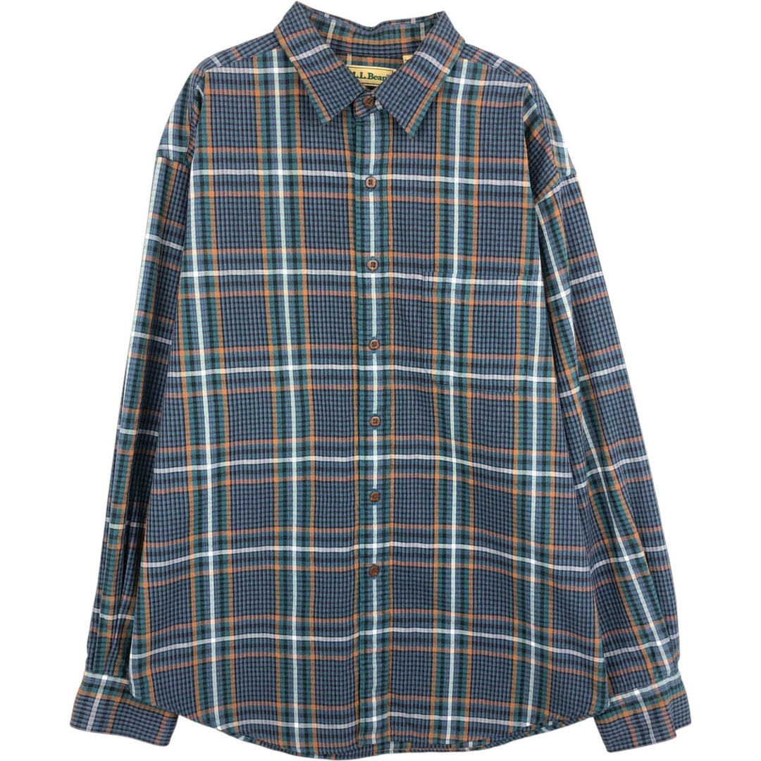 90'S LLBean Long Sleeve Cotton Check Shirt, Men's XL Size, Vintage cotton navy blue type Vintage Second Hand