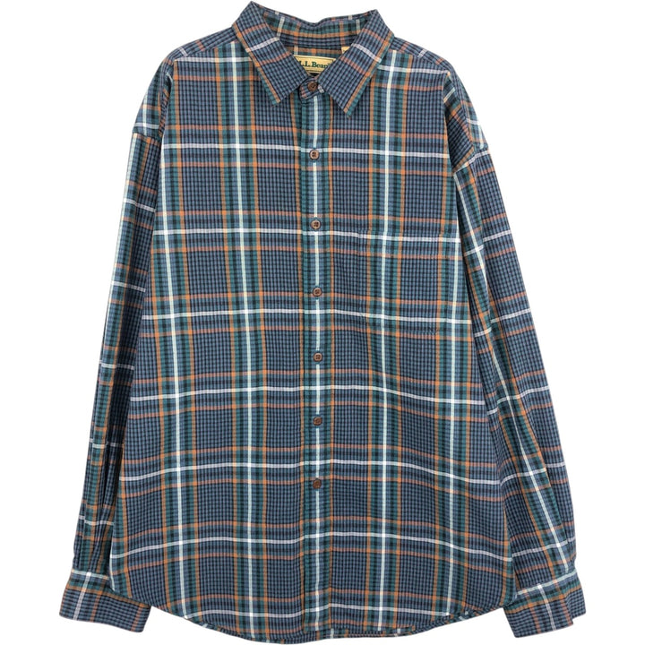 90'S LLBean Long Sleeve Cotton Check Shirt, Men's XL Size, Vintage cotton navy blue type Vintage Second Hand