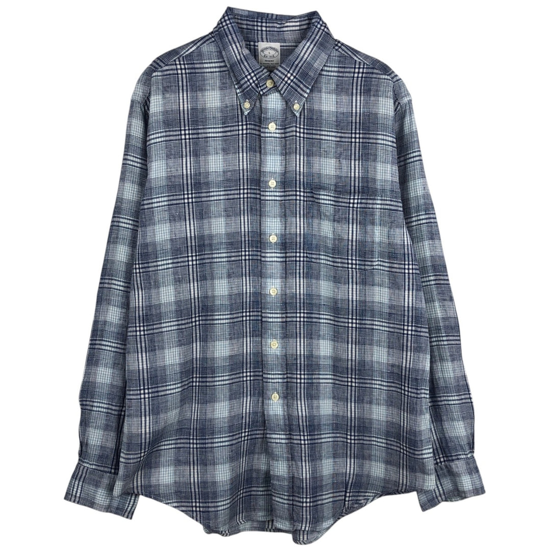 Brooks Brothers Est.1818 REGENT Check Pattern Long-Sleeve Button-Down Shirt, Men's Size L (approx.) linen blue type Vintage Second Hand